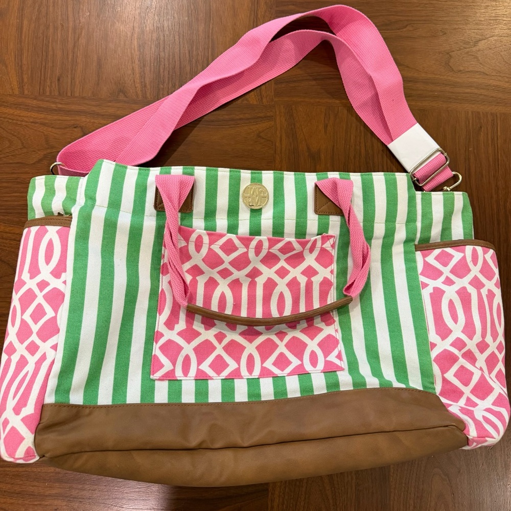 Striped Green & Pink Canvas Tote Bag with Brown Trim Mud Pie Diaper Bag